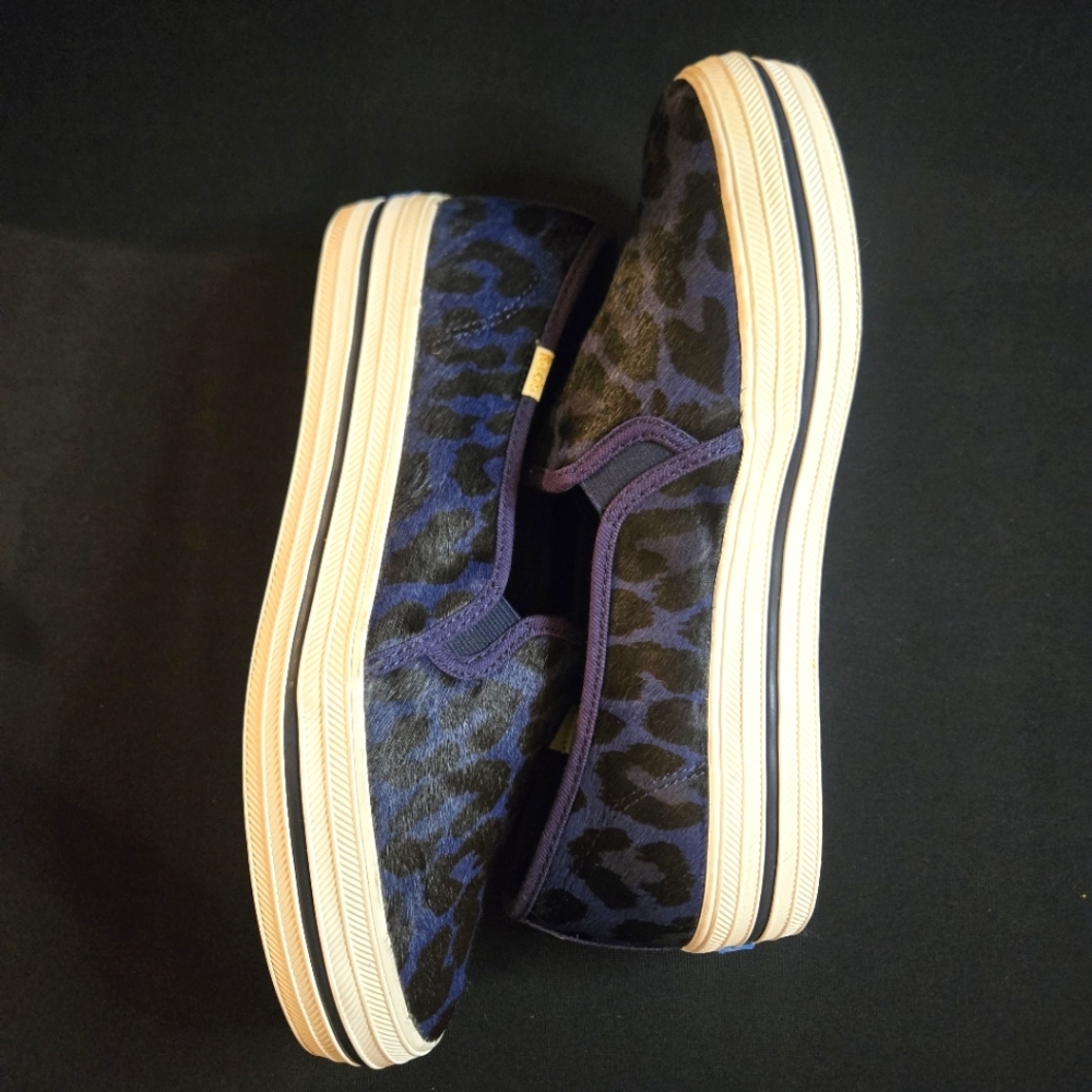 Kate Spade Keds Leopard Print Slip-On Sneakers Women's 9 Navy Blue Canvas